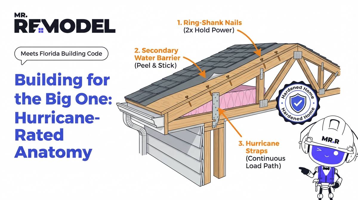 A technical diagram showing the specific components required by Florida Building Code for hurricane-rated roofs, including reinforced nails and water barriers.